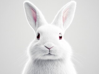 Obraz premium A white rabbit with pink ears is isolated on a transparent background. The rabbit has a soft, fluffy appearance and a calm expression.