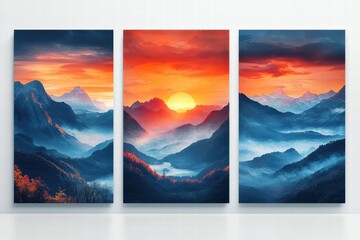 Stunning triptych of sunrise over mountain landscape with vibrant orange and blue hues