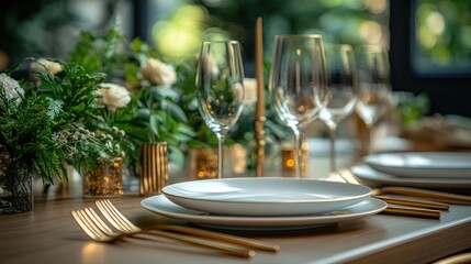 Elegant table setting with gold cutlery, white plates, and floral centerpiece.