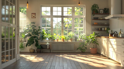 Fototapeta premium Home mock up, cozy modern kitchen interior background, 3d render