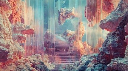 A surreal, ethereal landscape with colorful rock formations and cascading light.