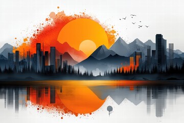 Graphic layouts for promotional flyers featuring sunset and city skyline illustration