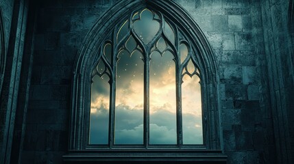 Gothic arched window with sunset view.