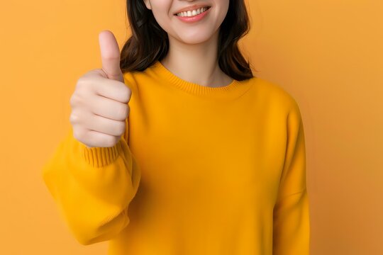 Woman Shows Thumbs Up Gesture, Positive Feedback, Approval Sign, Happy Expression, Excellent Service,  Great Job, Golden Hour Mood,  Optimistic Attitude,  Successful Achievement