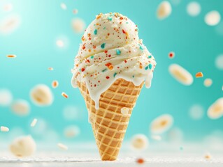 A melting ice cream cone against a bright background, adorned with colorful sprinkles, creating a whimsical and delightful scene.