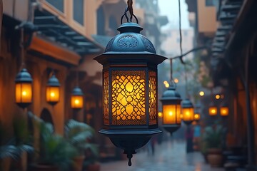 Illuminated lanterns hanging in a narrow, atmospheric street.