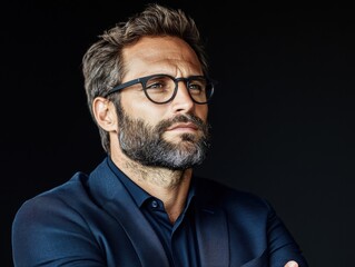 Fototapeta premium A confident businessman with glasses and a beard looks thoughtfully into the distance, dressed in a dark blue suit against a dark background.