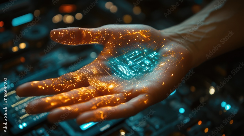 Poster hologram circuit board displayed on a hand.