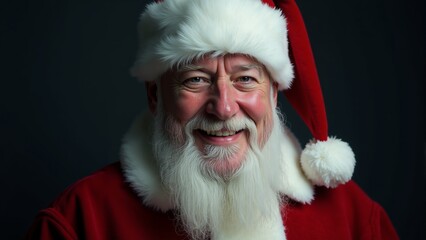 Naklejka premium A cheerful old man in a classic Santa suit smiles against a dark holiday backdrop