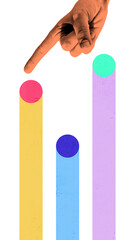 Minimalistic design with hand pointing at colorful column chart, representing data analysis, performance tracking, and business decision-making. Concept of business, finances, analytics, strategy