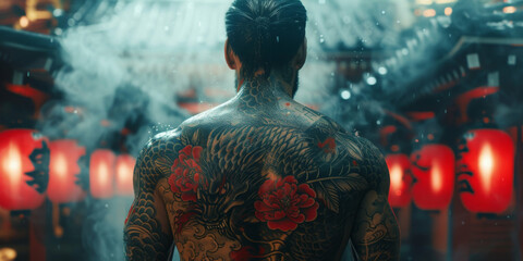 Obraz premium Tattooed man stands in smoke filled room with red lanterns, showcasing intricate body art featuring dragon and flowers, symbolizing mythical atmosphere of Yakuza crime syndicate