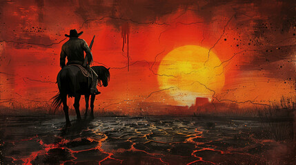 Silhouette of cowboy on horseback against dramatic fiery sunset capturing scene from western with cowboy from wild west, symbolizing freedom and adventure of frontier