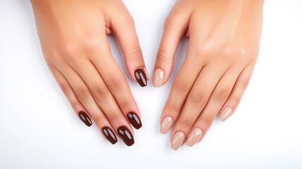 Fototapeta premium Close-up Photo: Elegantly Manicured Hands Showcasing Brown and Beige Nail Polish. AI Generated