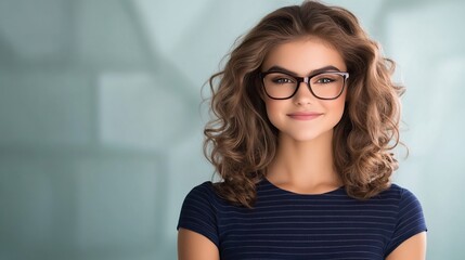 Fototapeta premium Close-up Photo: Smiling Woman with Curly Hair and Stylish Glasses, Softly Lit Interior Background. AI Generated