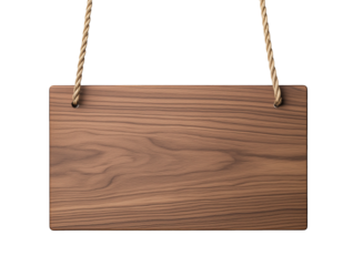 wooden sign board hang on a rope, walnut wood blank panel, cutout png