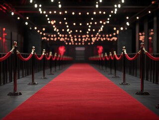 A luxurious red carpet event setup with elegant lighting and rope barriers, creating a glamorous and sophisticated atmosphere.