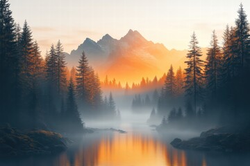 Fototapeta premium Stunning sunset over misty forest and reflective river in mountain landscape