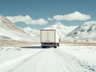 Obraz premium A semi-truck travels through a vast, snow-covered mountain landscape under a clear blue sky, embodying a sense of adventure and isolation.