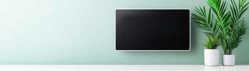 Technology medical concepts. Modern wall panel display with greenery in stylish interior setting