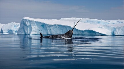 Majestic narwhal breaches the icy waters, showcasing its distinctive tusk against a backdrop of gleaming glaciers and serene blue skies