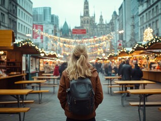 A woman with a backpack enjoys the vibrant and festive atmosphere of a Christmas fair, surrounded...