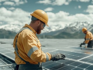 Fototapeta premium Engineers in safety gear install photovoltaic solar panels under a partly cloudy sky, with mountains in the background.