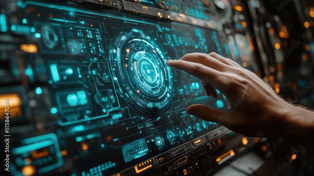 Poster hand interacting with futuristic digital interface. (1)
