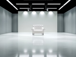 Fototapeta premium A minimalist setting featuring a single white armchair centered in an empty, modern room with soft lighting and a reflective floor.