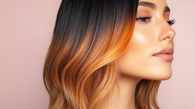 beautiful woman with long, wavy hair featuring bold gradient from smoky black to warm orange