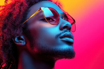 Creative graphic layout showcasing vibrant portrait with vivid lighting and stylish accessories