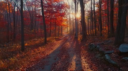 Obraz premium Sunlit autumn forest path with red leaves.
