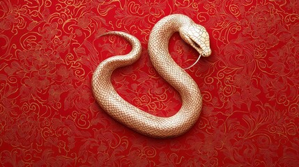 Obraz premium A stylized golden snake on a vibrant red background, reflecting elegance and cultural symbolism.