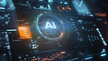 A digital interface with the text AI prominently displayed, surrounded by graphs and analytics, emphasizing its use in data visualization and decision-making processes - Powered by Adobe