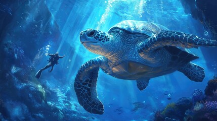 Fototapeta premium A diver swims alongside a majestic sea turtle in a vibrant underwater scene.