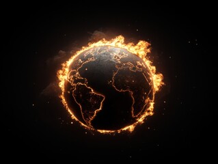 The image depicts a fiery Earth, symbolizing the impact of global warming with flames engulfing the...