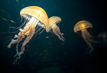 Lion's mane jellyfish swimming in dark water with small fish
