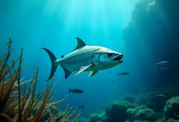 Fototapeta premium Large fish swimming underwater near coral reef in blue ocean