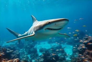 Naklejka premium Oceanic whitetip shark swimming over a coral reef in blue water