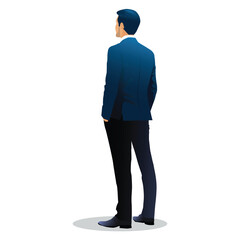 back view of handsome businessman holding hands in pockets and looking forward in front of white background . vector