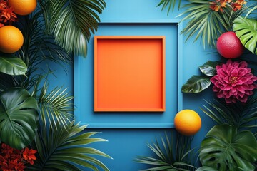Bright graphic layout with vibrant foliage and empty frame for promotional use