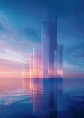 Fototapeta premium Futuristic Urban Elegance Serene Blue Horizons with Skyscraper Reflections for Modern Property Launch Aesthetic City Landscape Banner Abstract Lines Background