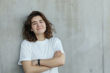 Fototapeta premium Young Woman with Confident Posture, Arms Crossed, Smiling Gently Against a Gray Concrete Wall; Displaying a Positive Mindset and Self-Assured Demeanor, Exuding Strength and Inner Peace. A 