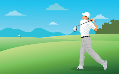 Golfer hit sweeping driver after hitting golf ball down the fairway.illustration