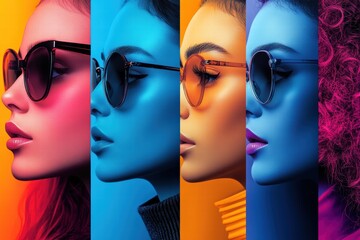 Women in stylish sunglasses showcasing vibrant graphic layouts for promotional flyers