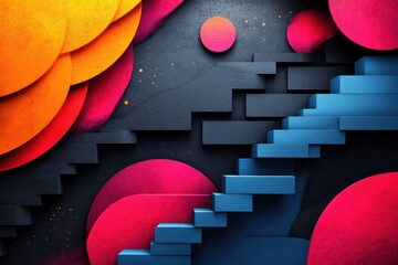 Colorful abstract graphic layout featuring stairs and circular shapes for promotional use