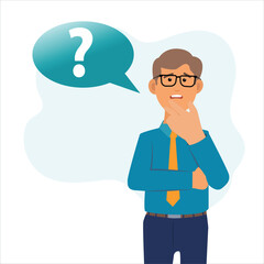  businessman  standing  worriedl with question marks. Concept of looking for answer. illustration