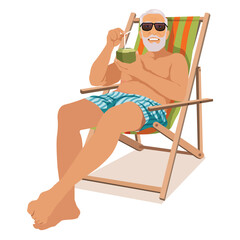 Old senior man enjoying a coconut cocktail under parasol. sitting in a beach chair. Carefree retirement, travel, tropical vacation, summer tourism concept.  vector