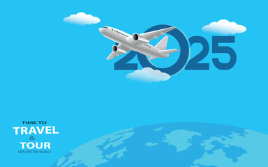 Time to travel concept. Travel and tour text with 2025 with airplane for flight travelling in 2025 year vacation. Vector i