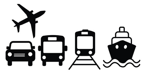 Transport icons for airplanes, public buses, trains, boats/ferries and car badges. vector
