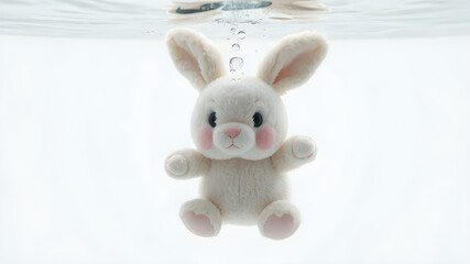 Obraz premium Submerged Bunny: An adorable plush bunny toy floats gently beneath the surface of the water, creating a whimsical and enchanting scene. Air bubbles rise around it, adding to the magical atmosphere.